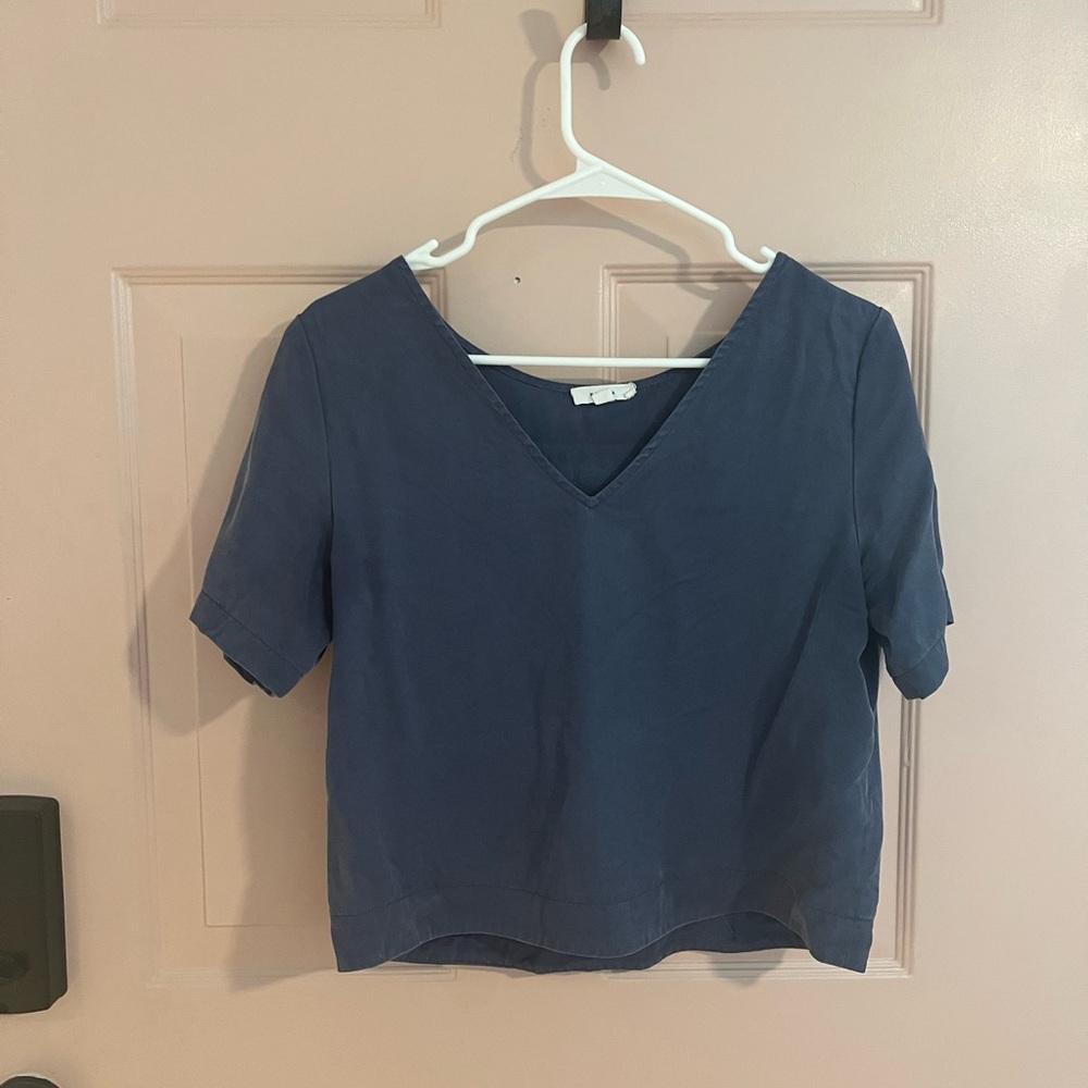 VETTA Capsule Reversible V-neck Short Sleeve Blouse Chambray Blue S